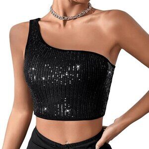 Women's One Shoulder Sleeveless Sequin Glitter Party Cropped Tank Crop Tops